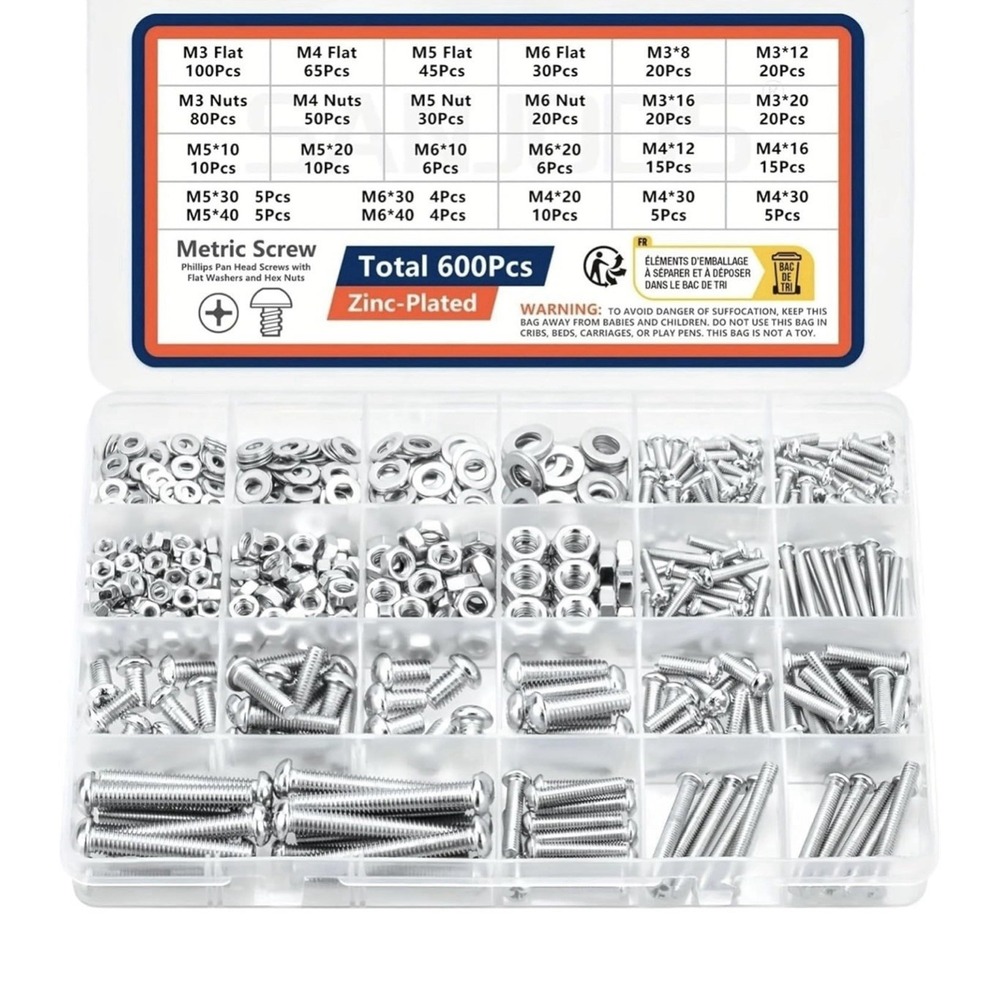 600Pcs Screws Bolts Nuts Assortment Kit Metric Screws and Flat Washers Head Sets
